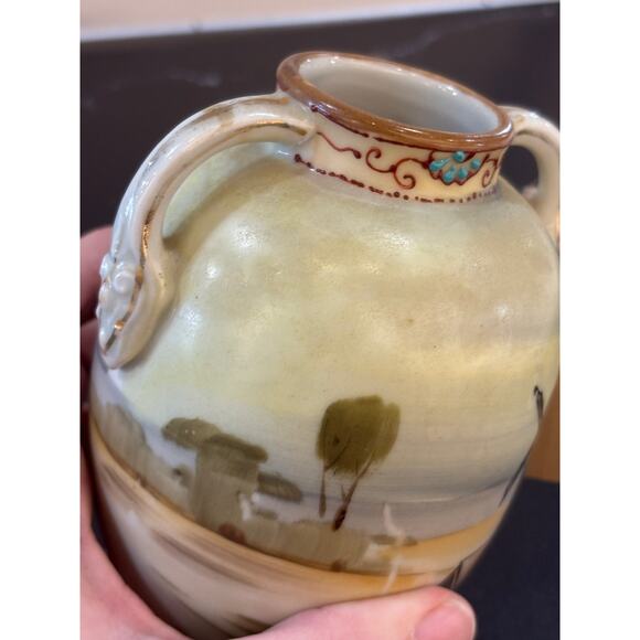 Vintage Nippon Vase Moriage Hand Painted Urn Style Landscape Mill Art Nouveau - Picture 4 of 4